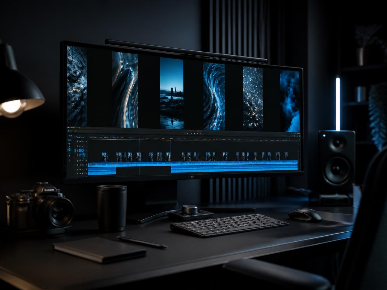 Dark editing workspace with AI-generated vertical video clips on a timeline